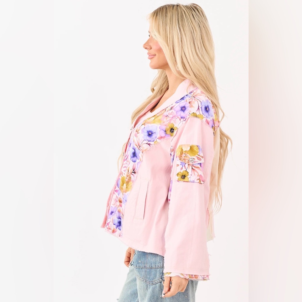 H210 POL L pp28 Patchwork Floral Button Jacket in Pink & Cream Top - Picture 2 of 15